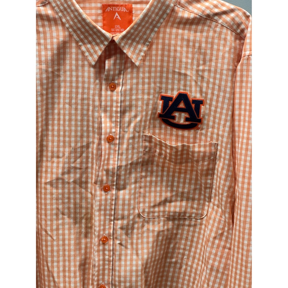 Antigua Auburn Tigers Button Down Shirt Mens 2XL Orange/Gingham Embroidered NCAA